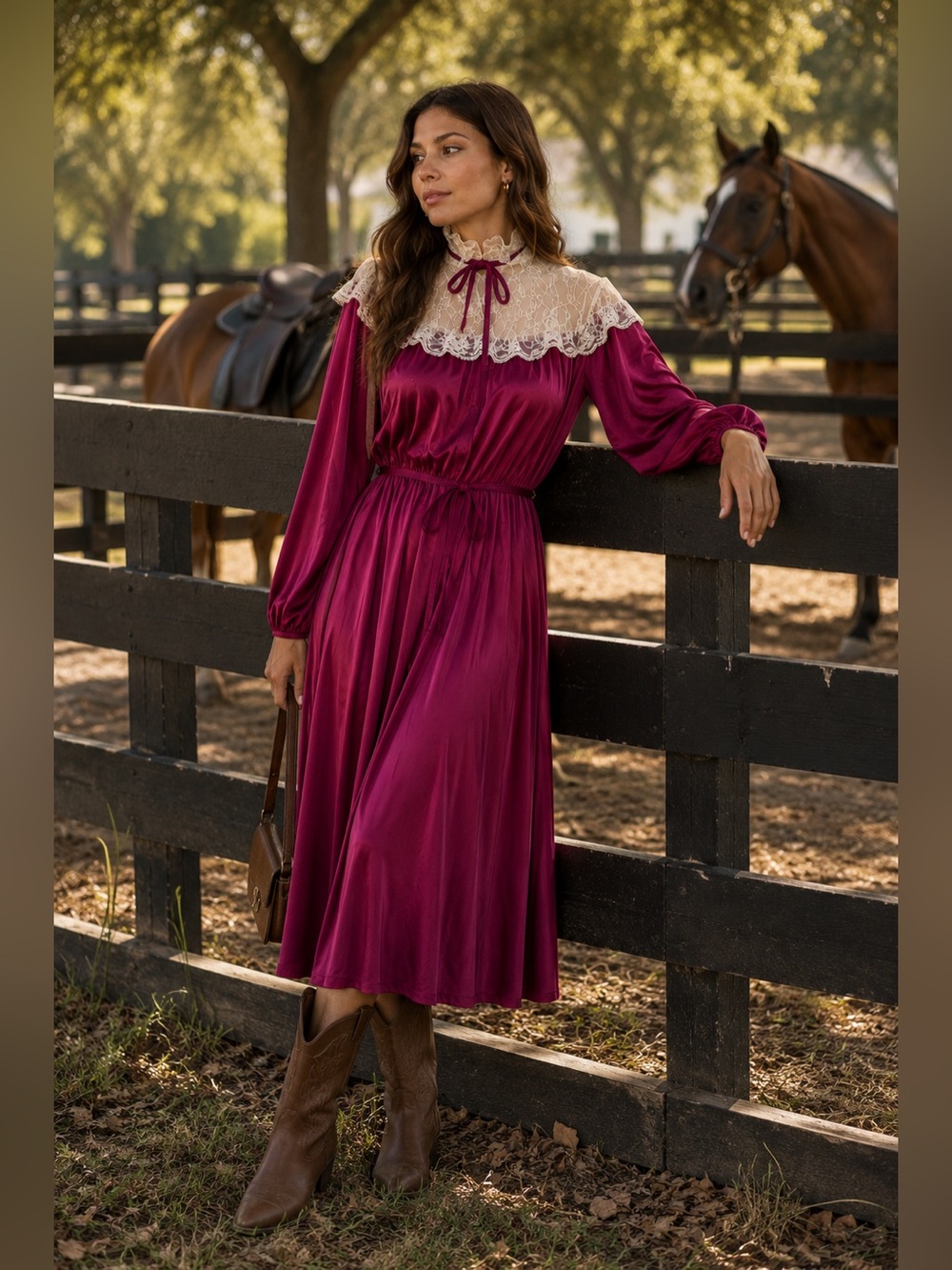 Vtg Wine Lace Collar Midi Dress Fit-Flared Long Sleeve ILGWU Unionmade Dre